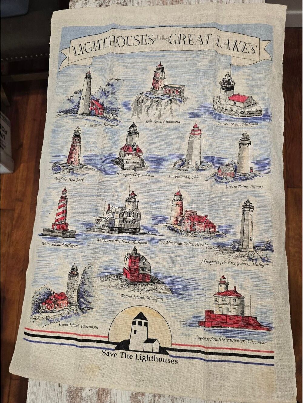 Vtg Kay Dee Great Lakes Lighthouses Linen Towel Wall Hanging Rod Pocket Stained